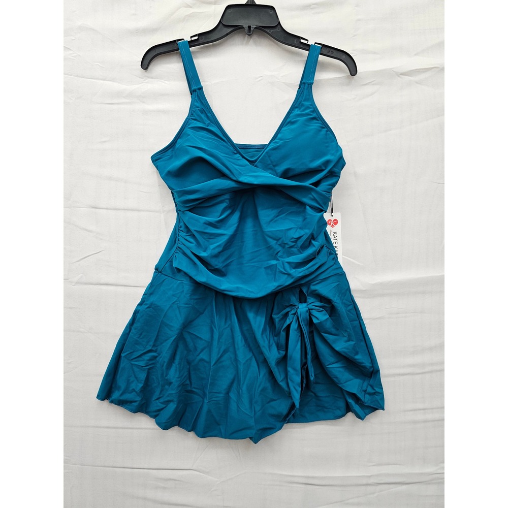 Kate Kasin Teal Blue Twist Front Swim Dress One Piece Swimsuit New